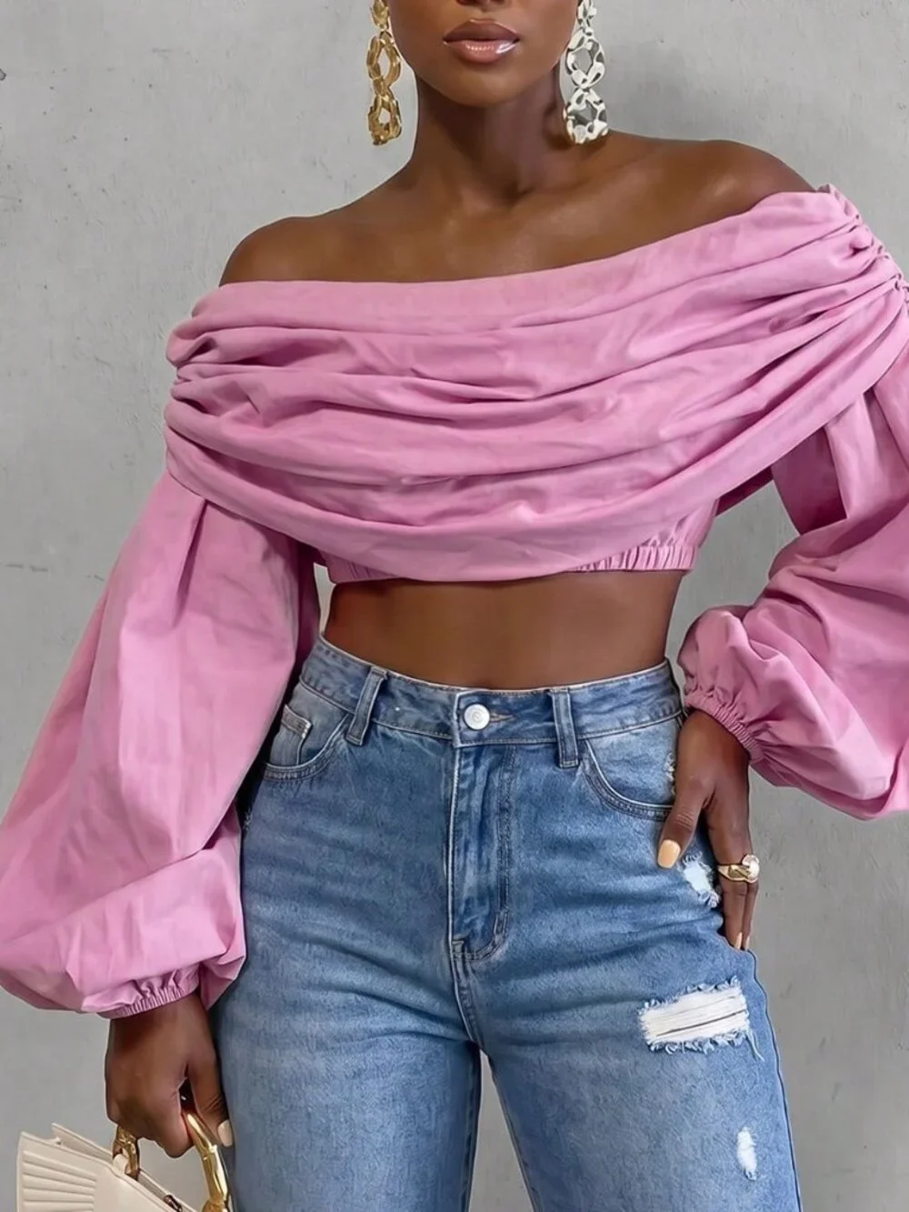 Pink Elegant Women's Casual Ruched Off-Shoulder Cropped Top